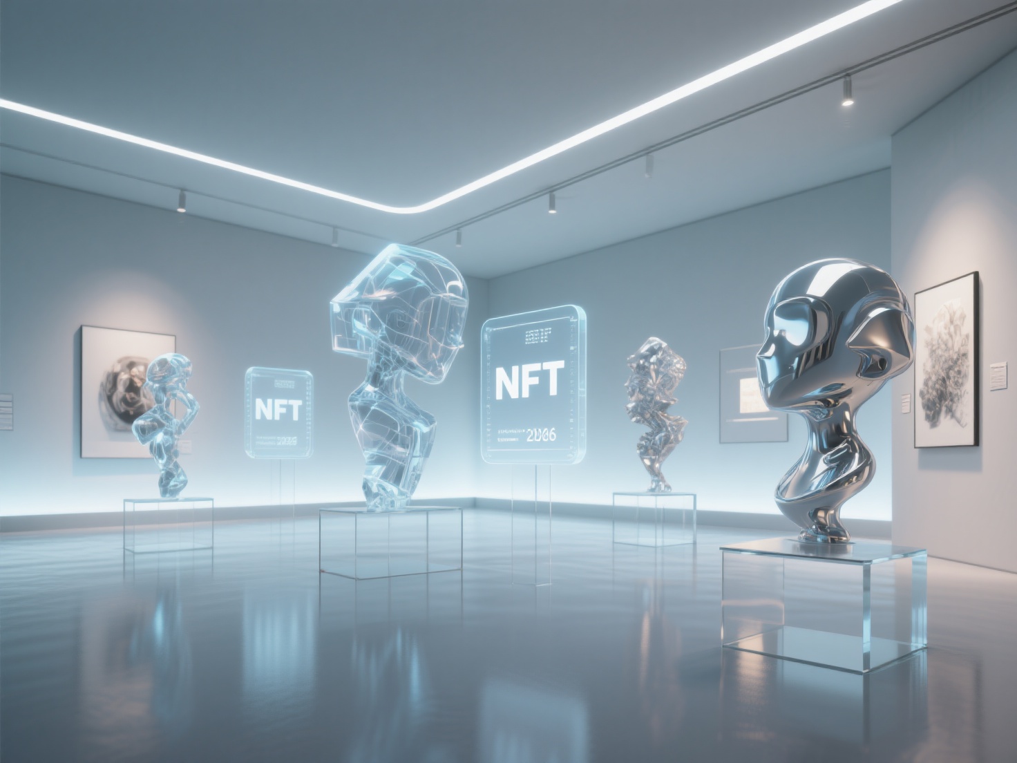 Futuristic digital art gallery with floating 3D NFT sculptures in photorealistic 3D render