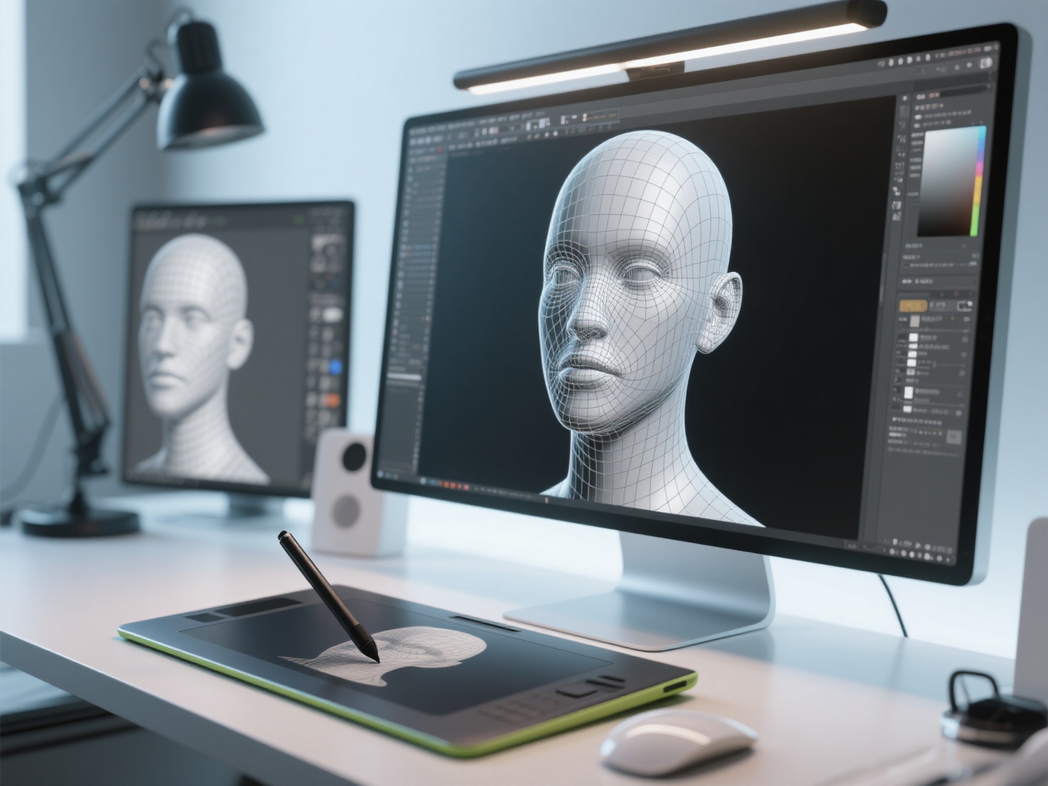 Digital workspace with 3D model preparation for NFT minting shown in photorealistic 3D render