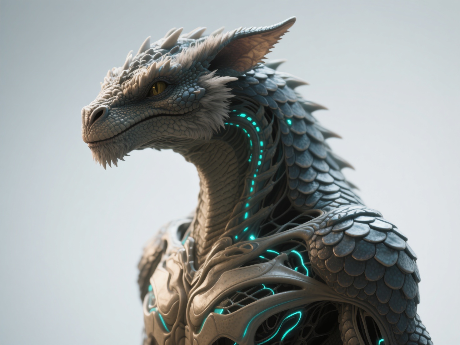 Close-up 3D render of fantasy creature head showing skin, scales, fur, and bioluminescence details