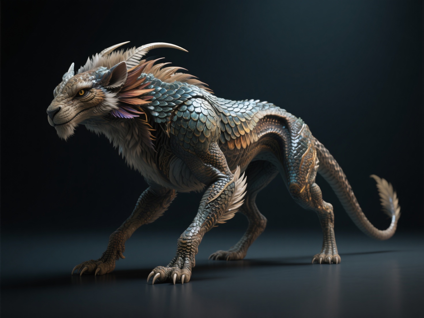 Photorealistic 3D render of a fantasy creature with hybrid anatomy and detailed skin textures