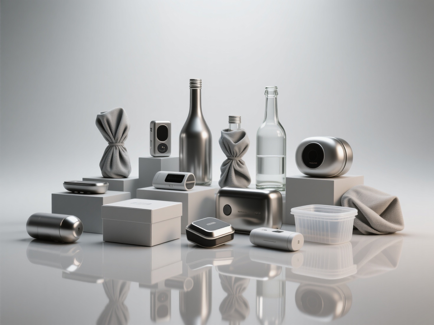 Photorealistic 3D product visualization of various materials with studio lighting and clean background