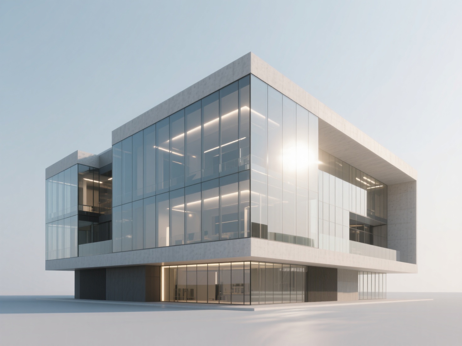 Photorealistic 3D rendered modern architectural building with glass and concrete facade under natural and artificial light