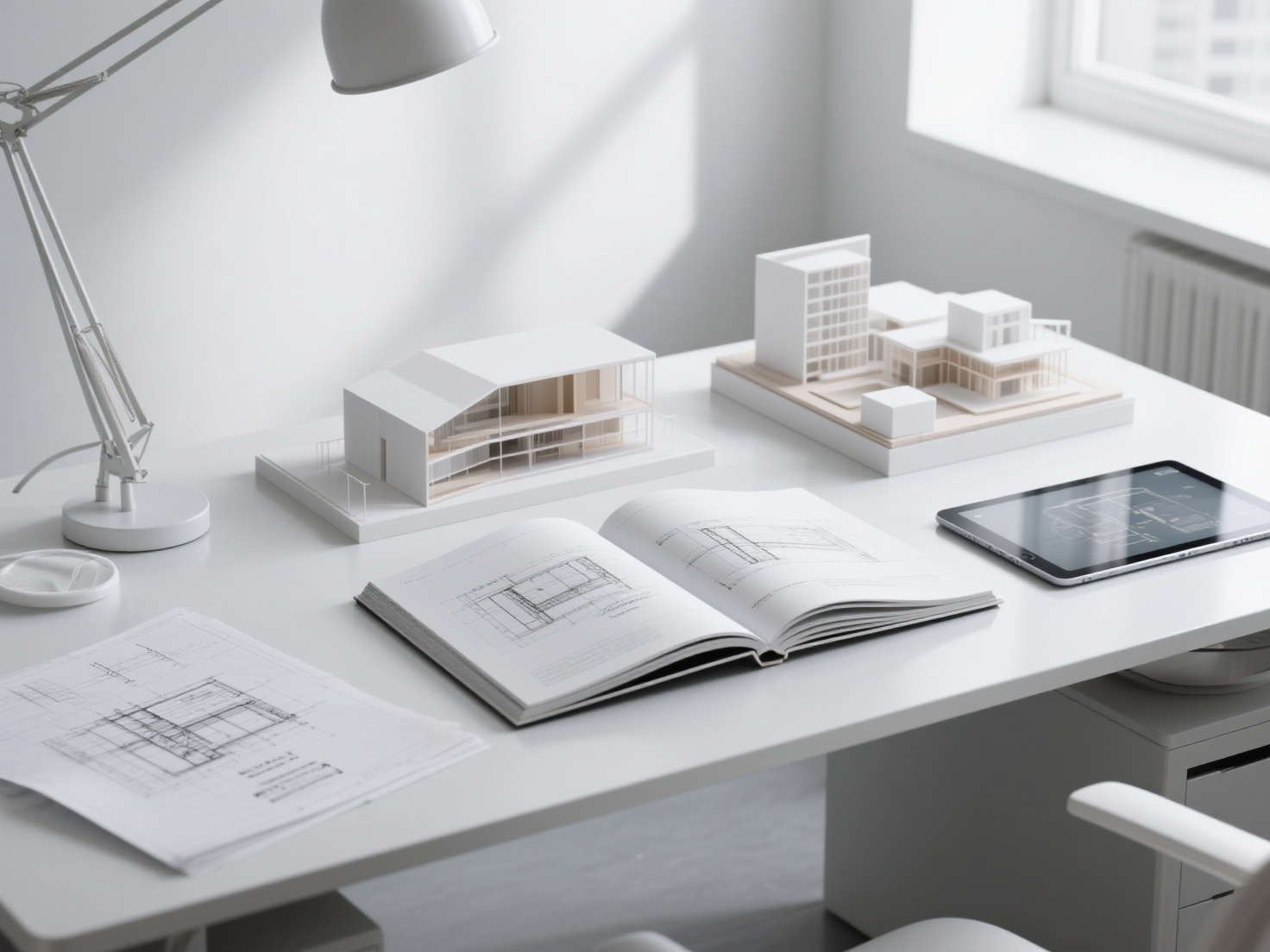Photorealistic 3D render of an open architecture portfolio with 3D renders and physical models on a modern desk