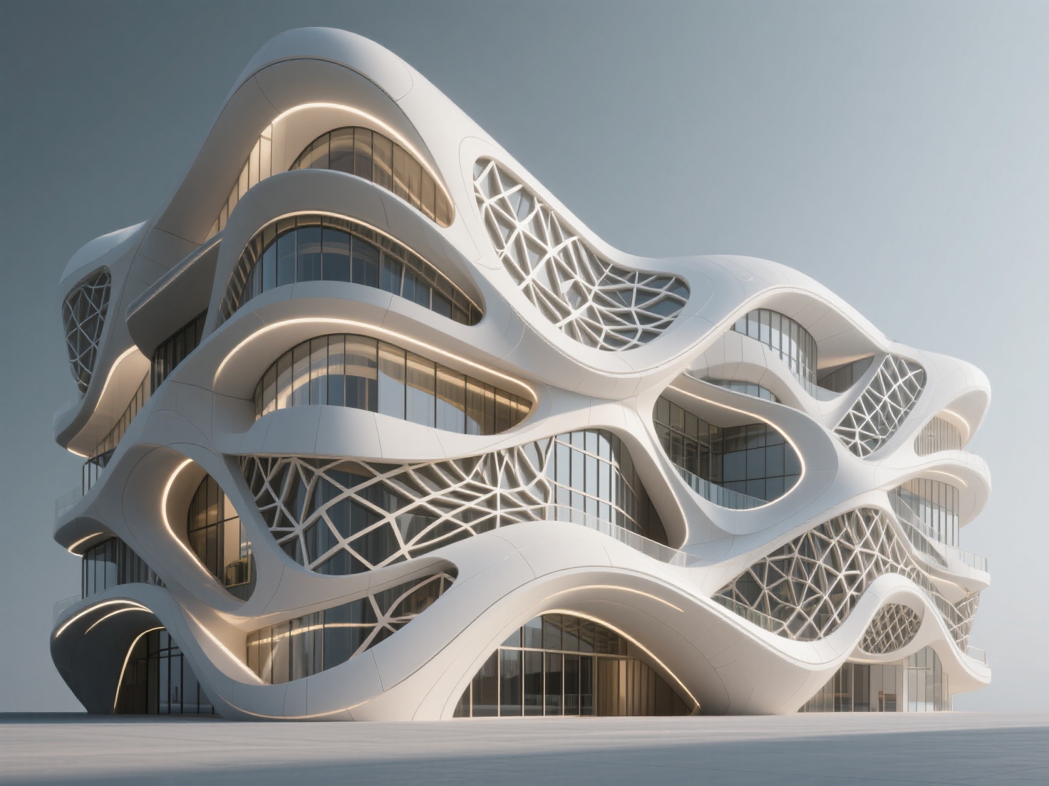 Photorealistic 3D render of parametric architecture with complex flowing facades and geometric patterns