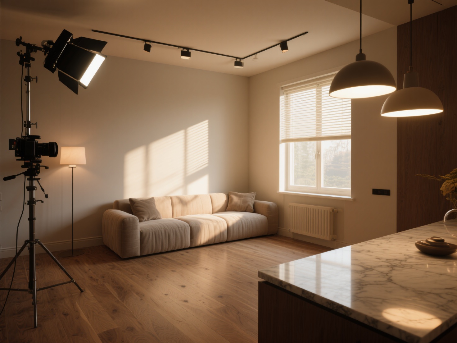 Detailed interior scene showing camera setup, IES lighting, and realistic materials in 3D render