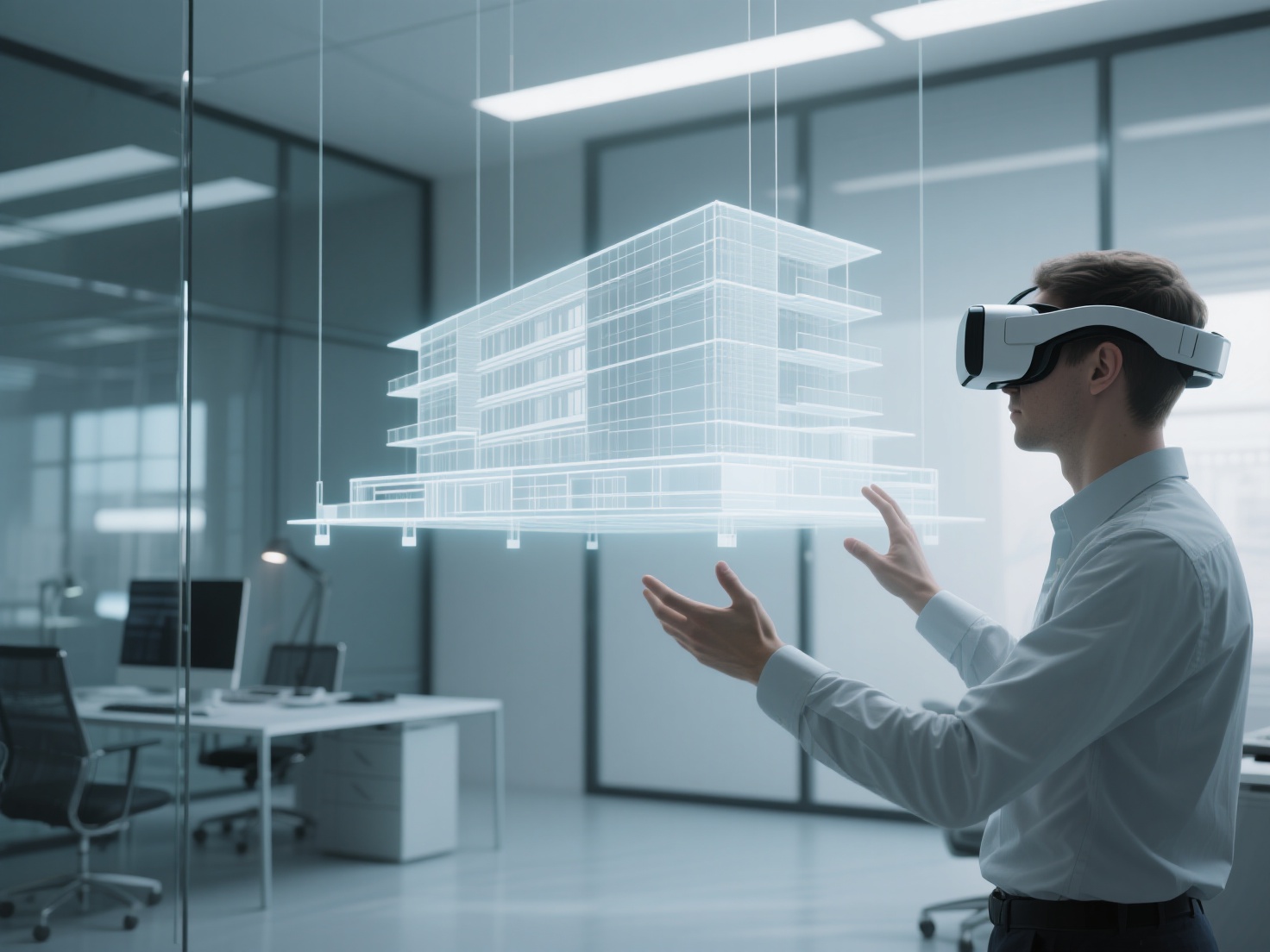 Architect using virtual reality headset with 3D building model in modern design studio