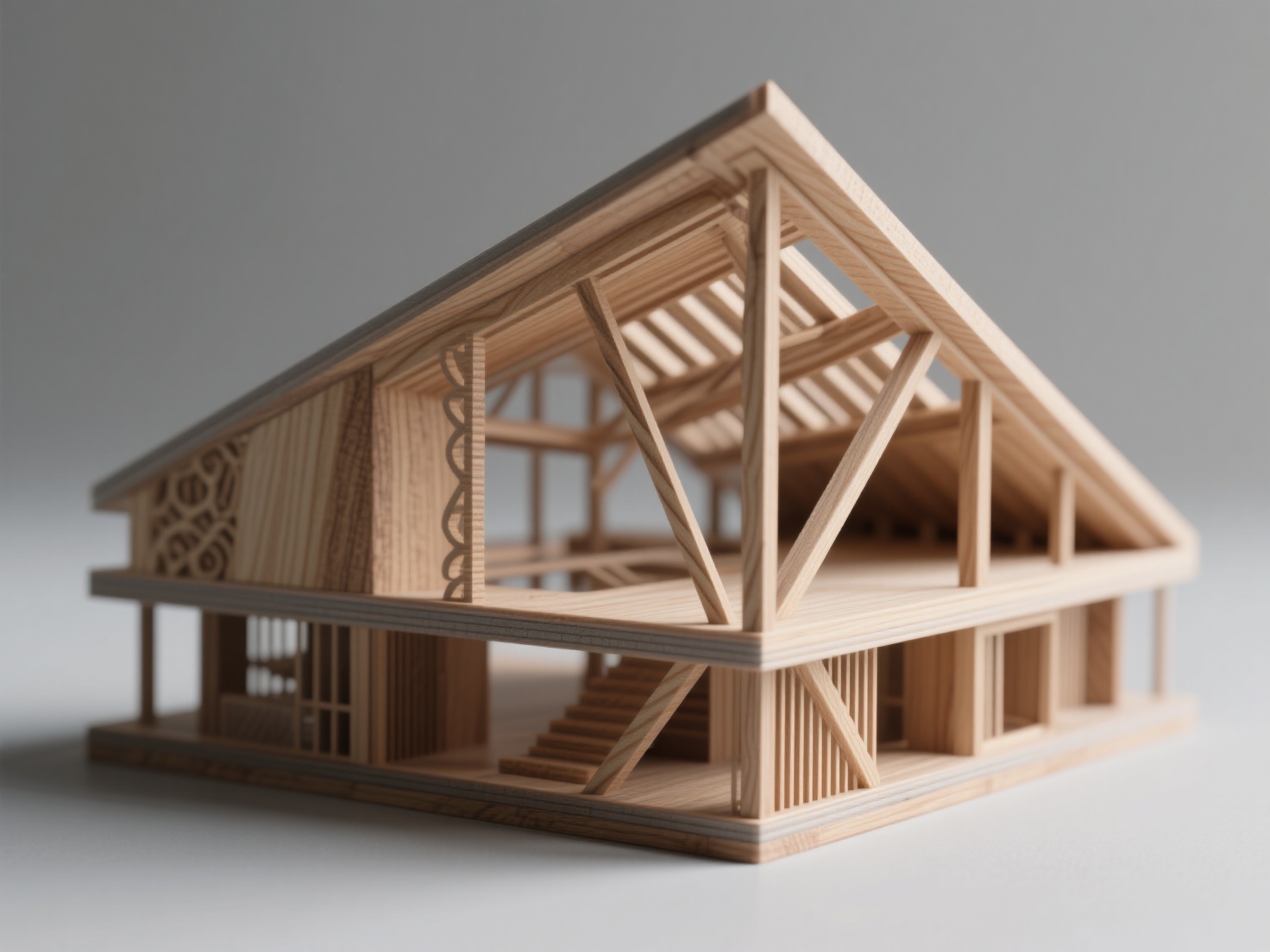 Close-up 3D render of hybrid architectural scale model with laser-cut wood and 3D printed details