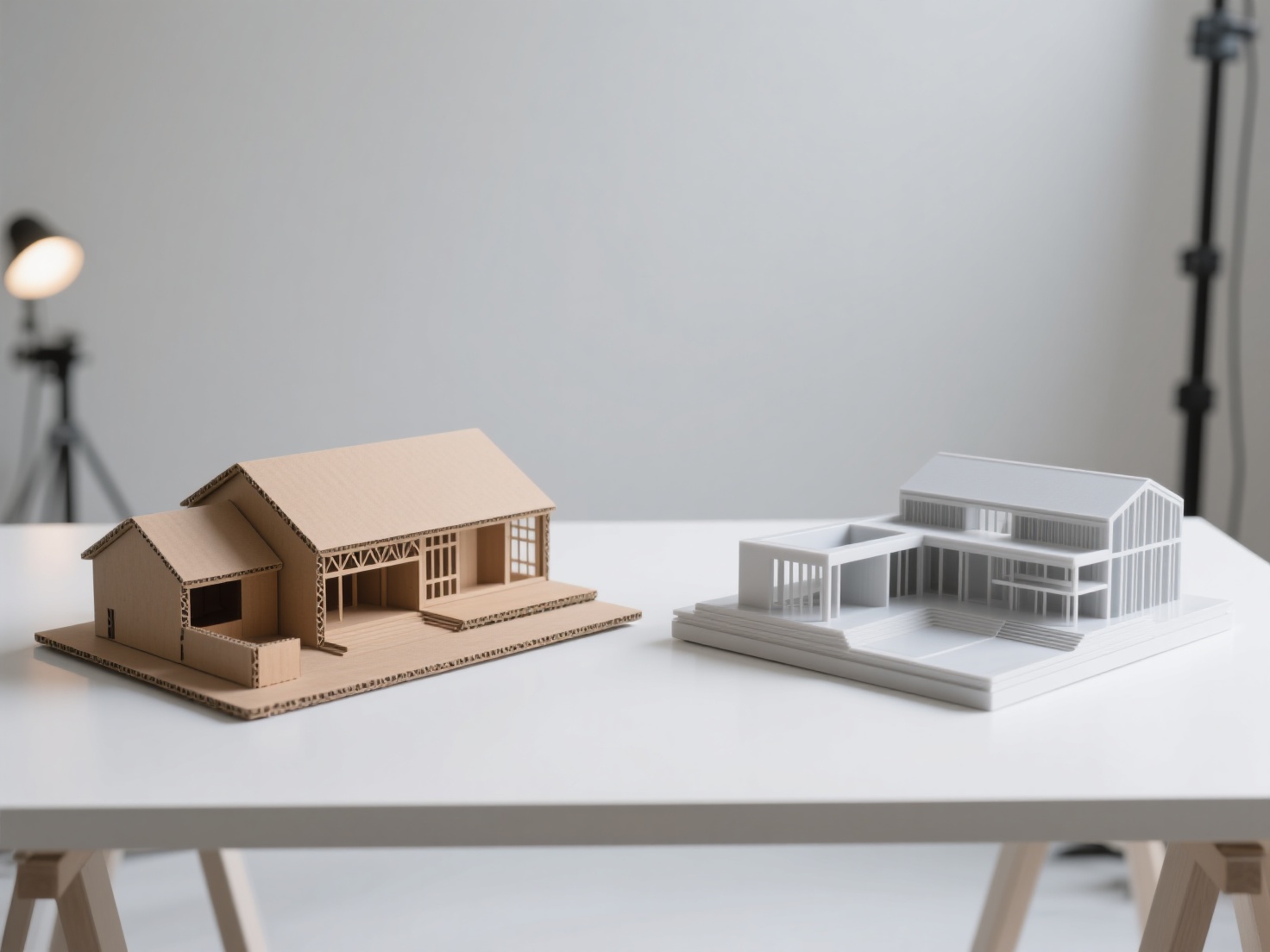 Photorealistic 3D render comparing traditional and 3D printed architecture scale models side by side