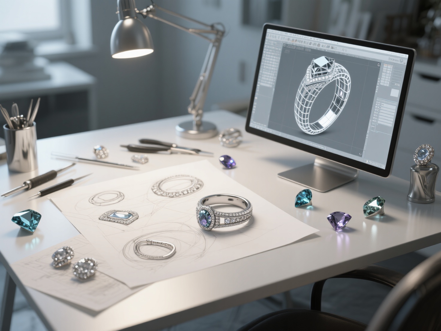 Wide 3D render of jewelry design workspace with sketches and 3D CAD modeling screen
