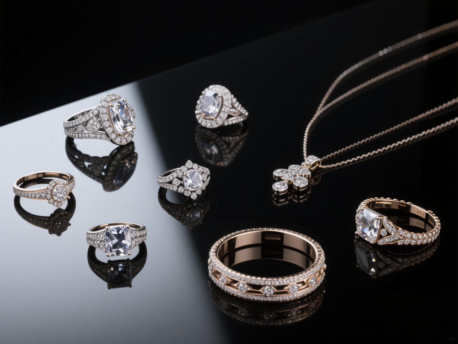 Photorealistic 3D render of elegant jewelry collection showcasing rings and necklaces in studio lighting