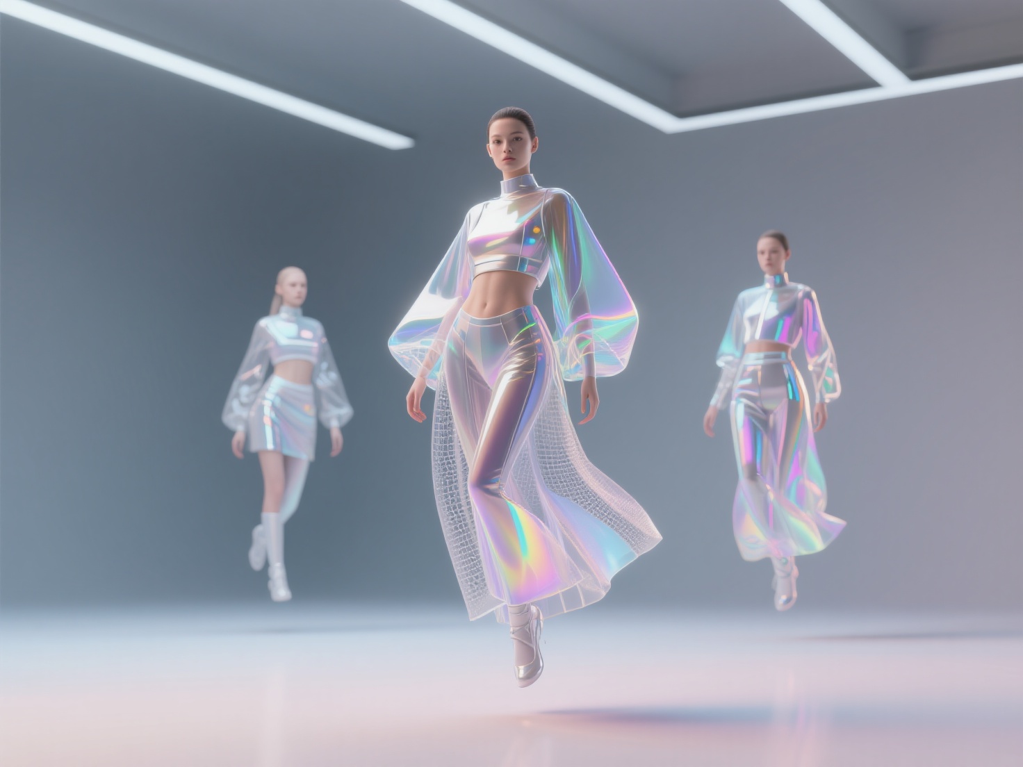 Futuristic digital fashion studio with virtual clothing and avatar models in 3D render