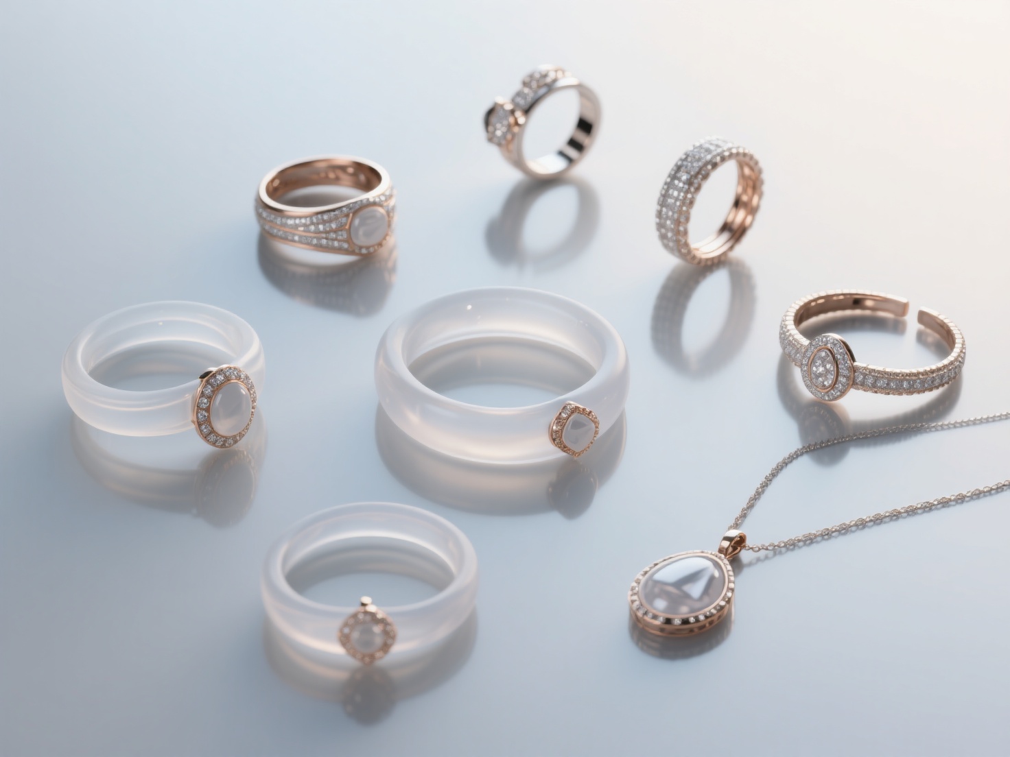 Photorealistic 3D render of detailed 3D printed jewelry pieces on reflective surface