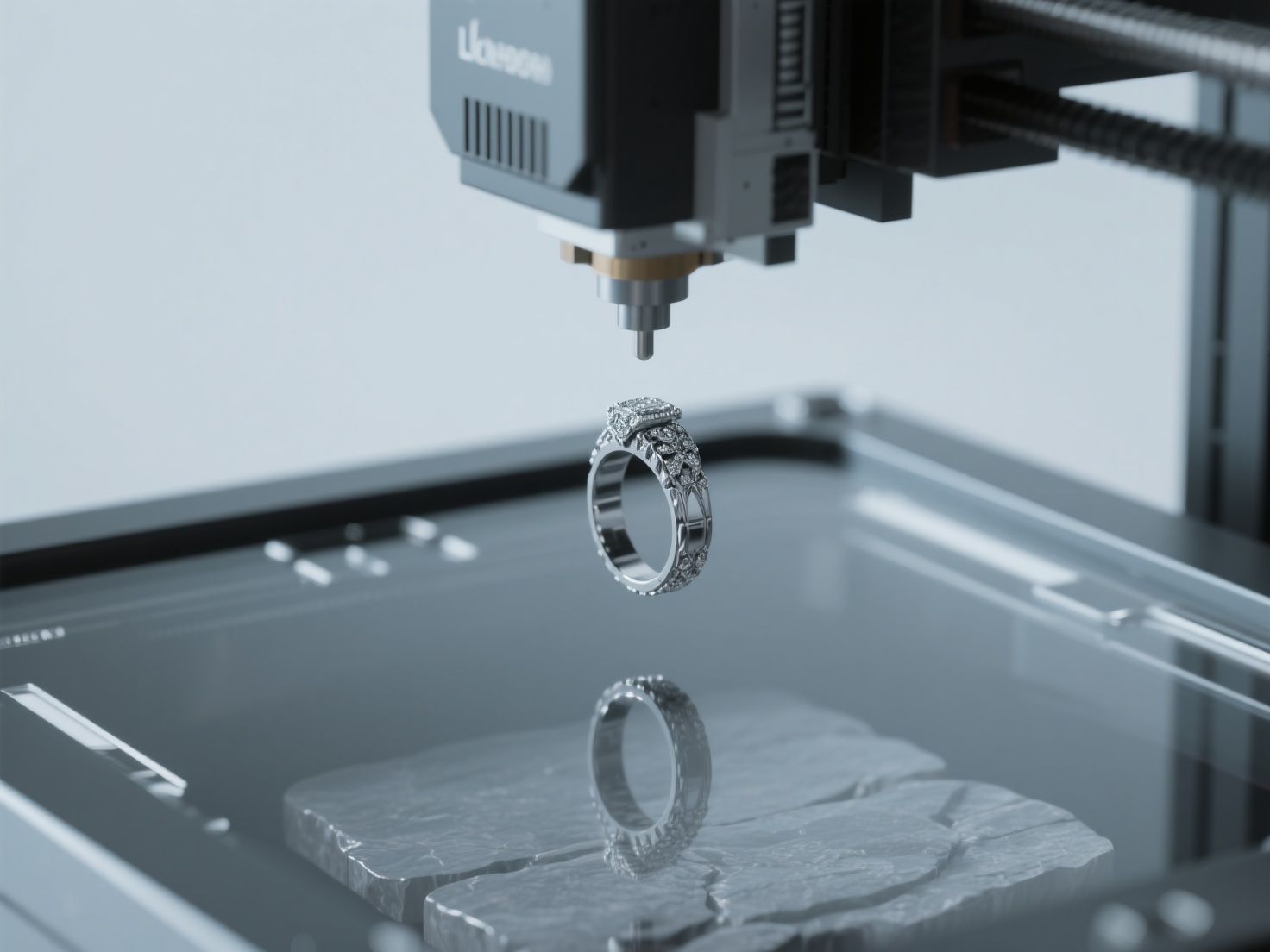 Close-up 3D render of resin 3D printer creating intricate jewelry ring with fine details