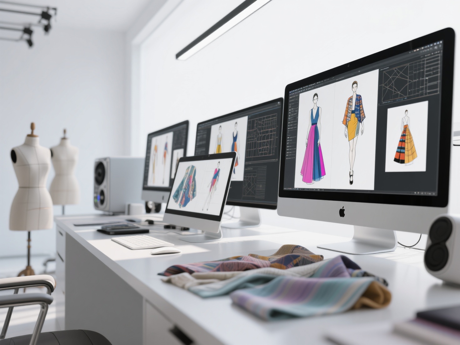 Digital fashion design workspace with 2D sketches and 3D garment simulations on monitors