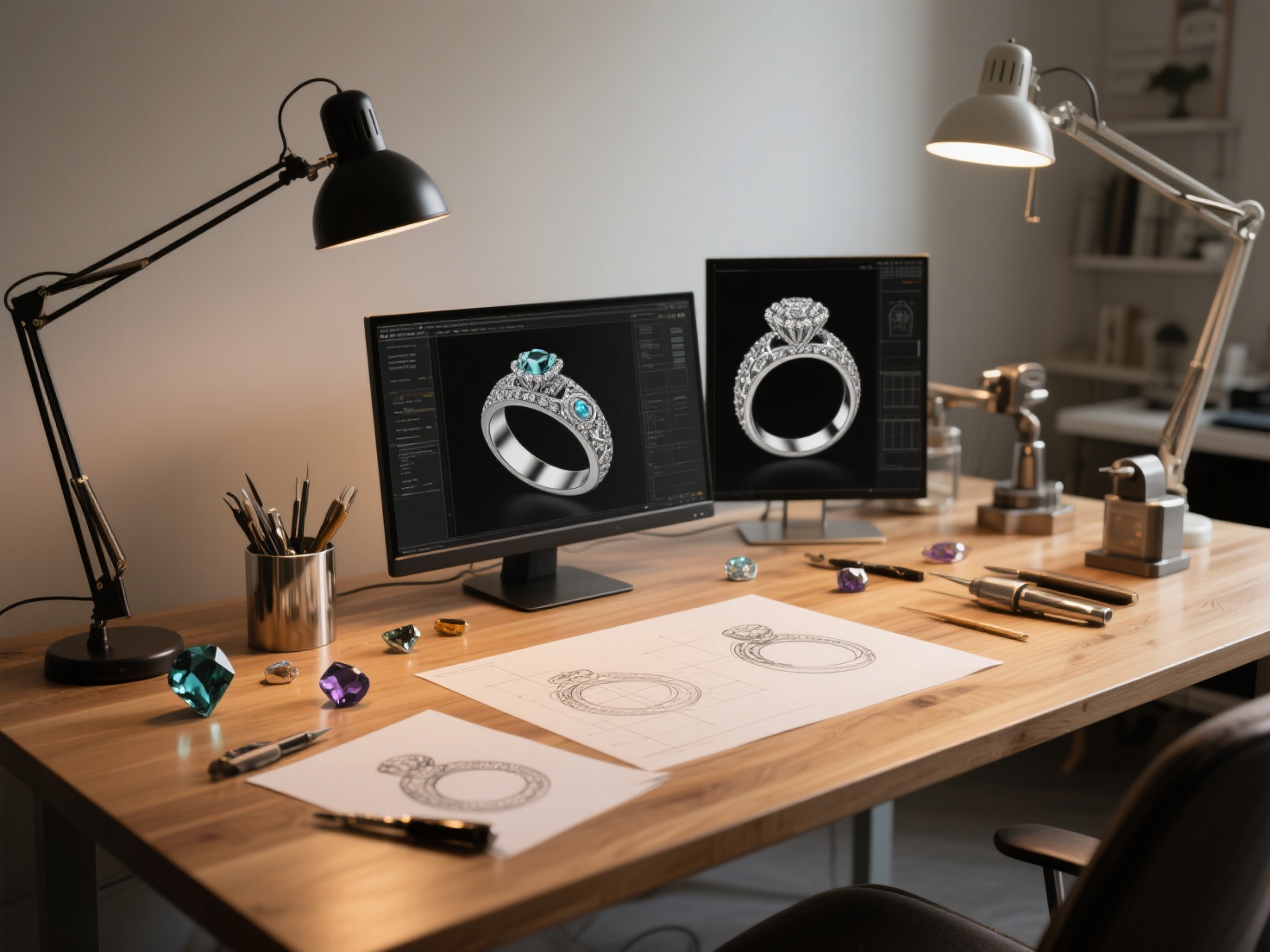 Photorealistic 3D render of a jewelry design studio with tools, sketches, and CAD screens