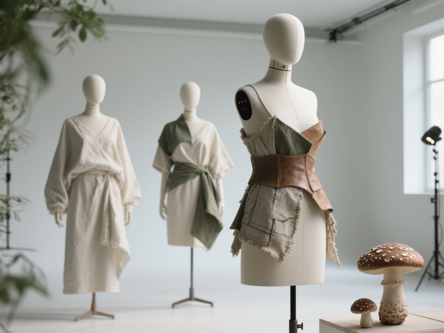 Photorealistic 3D render of sustainable fashion studio with eco-friendly garments and mannequins