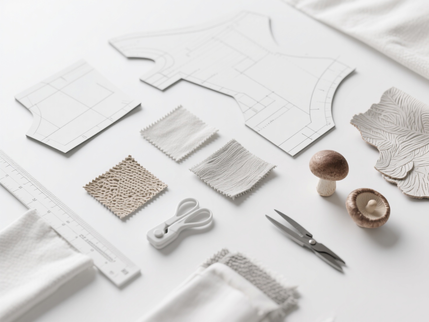 3D render of sustainable fashion design tools and eco-friendly fabric swatches with zero-waste patterns