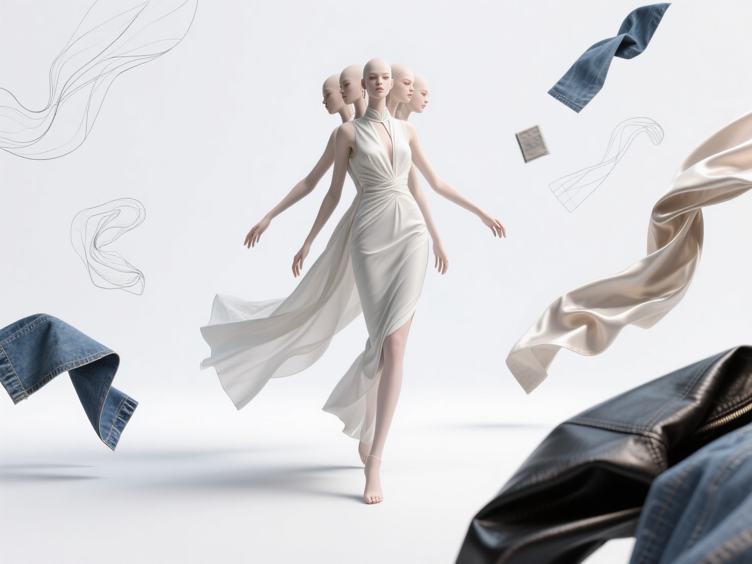 Photorealistic 3D render of elongated fashion figure with fabric swatches and sketch lines