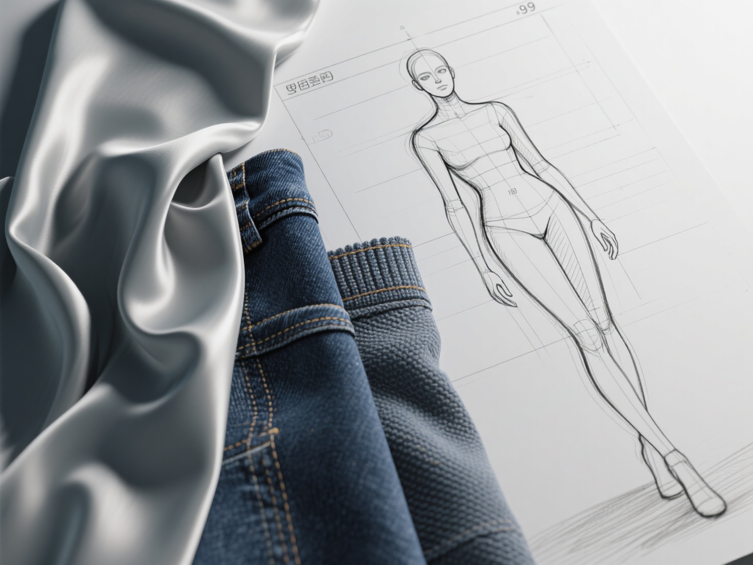 Detailed 3D render of fashion croquis and realistic fabric textures with folds and drape