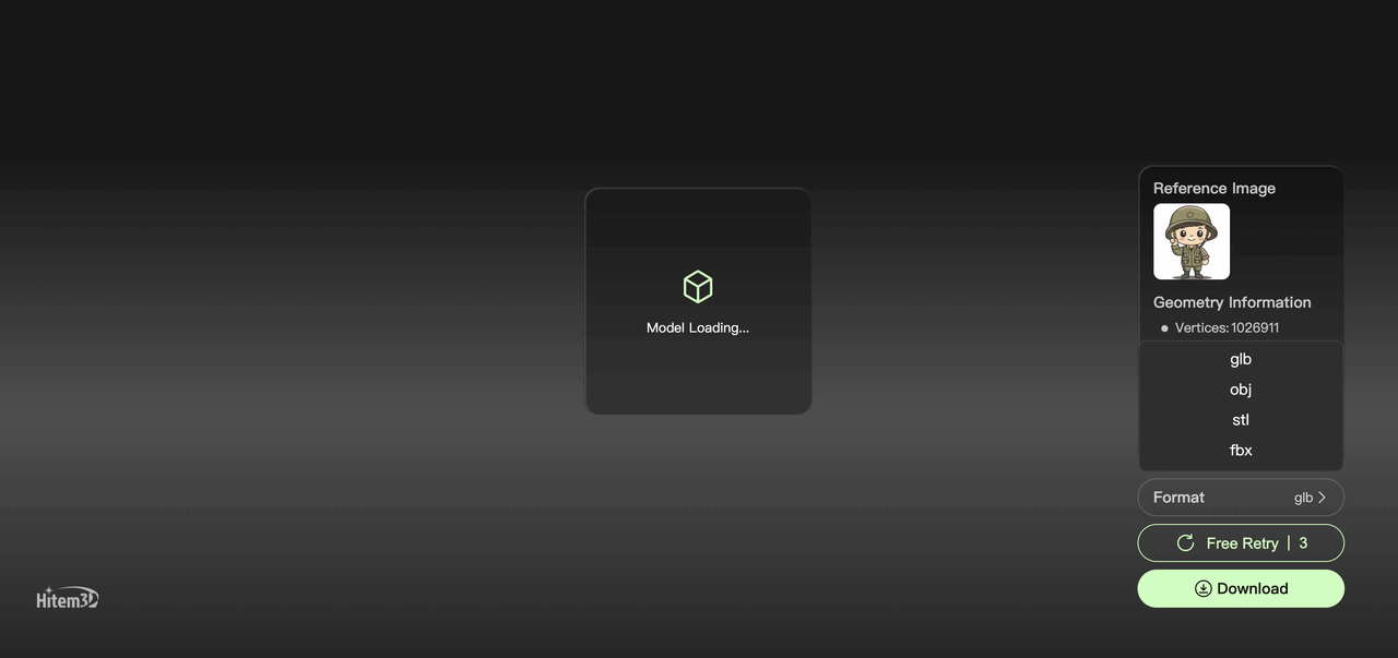 Hitem3D AI-generated print-grade 3D model interface showing downloadable formats including GLB, OBJ, STL, and FBX