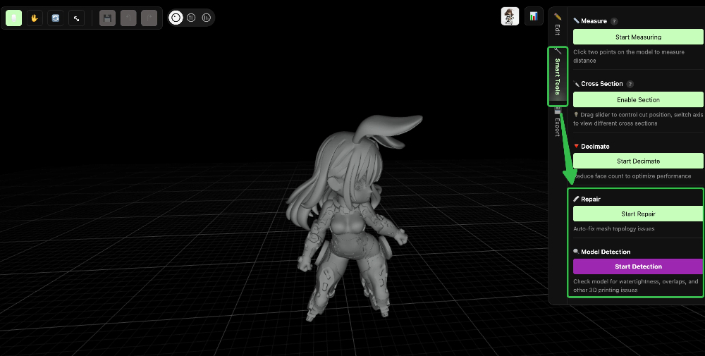Hitem3D editor showing a generated 3D model ready for print validation
