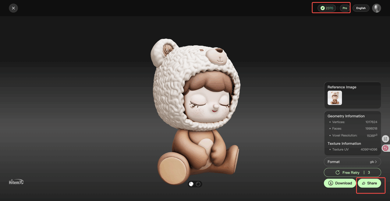 Hitem3D AI-generated print-grade 3D bear figurine with geometry stats, UV textures, and shareable downloadable asset