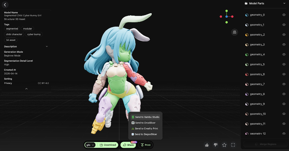 One-click print action sending the model from Hitem3D to Bambu Studio