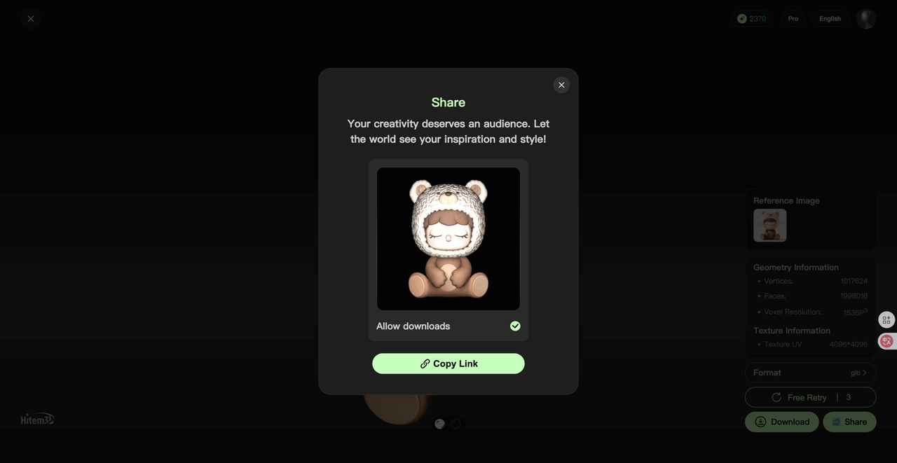 Hitem3D share panel for an AI-generated print-grade 3D bear model with download and public link enabled