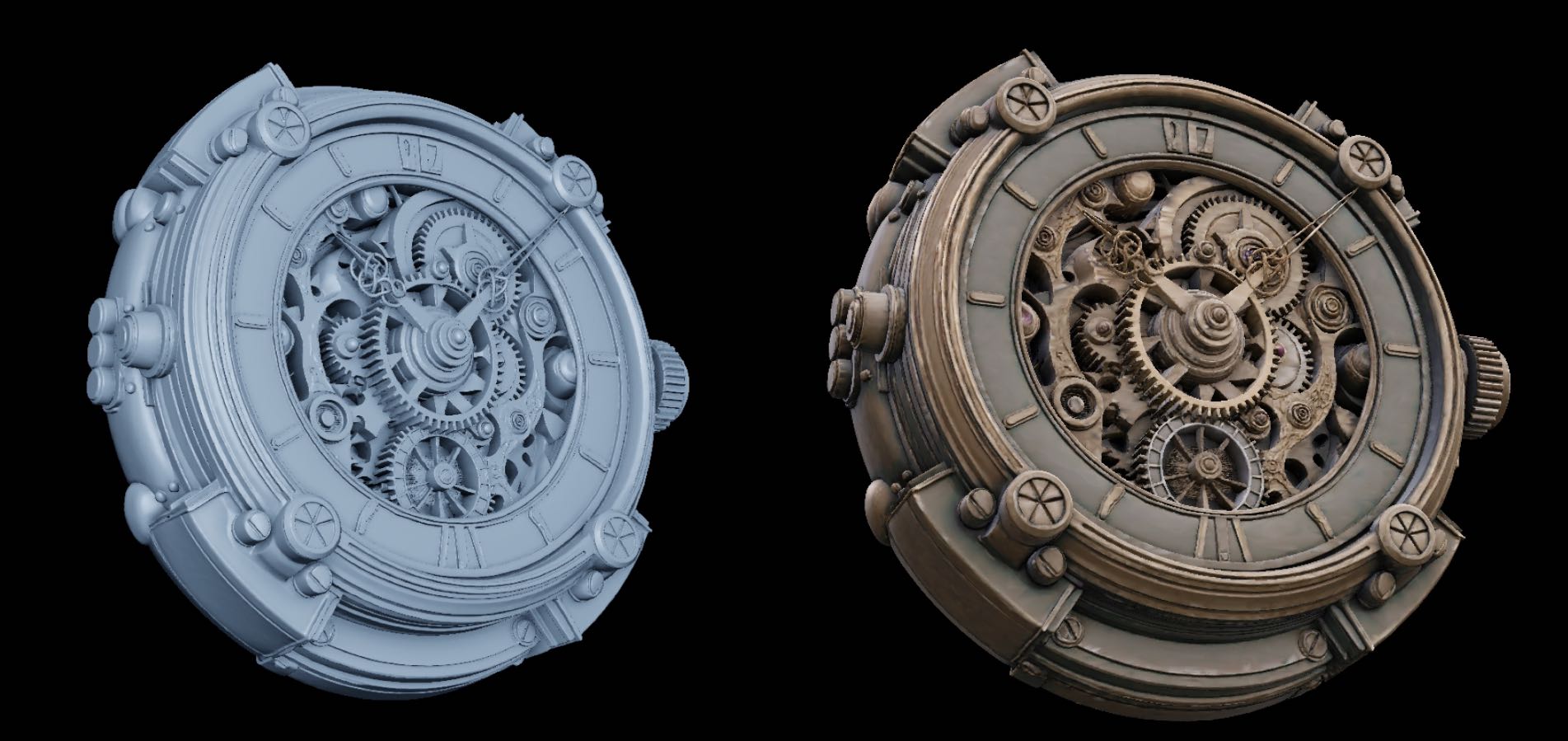 Steampunk watch 3D model, mechanical clock gears, gray vs textured render
