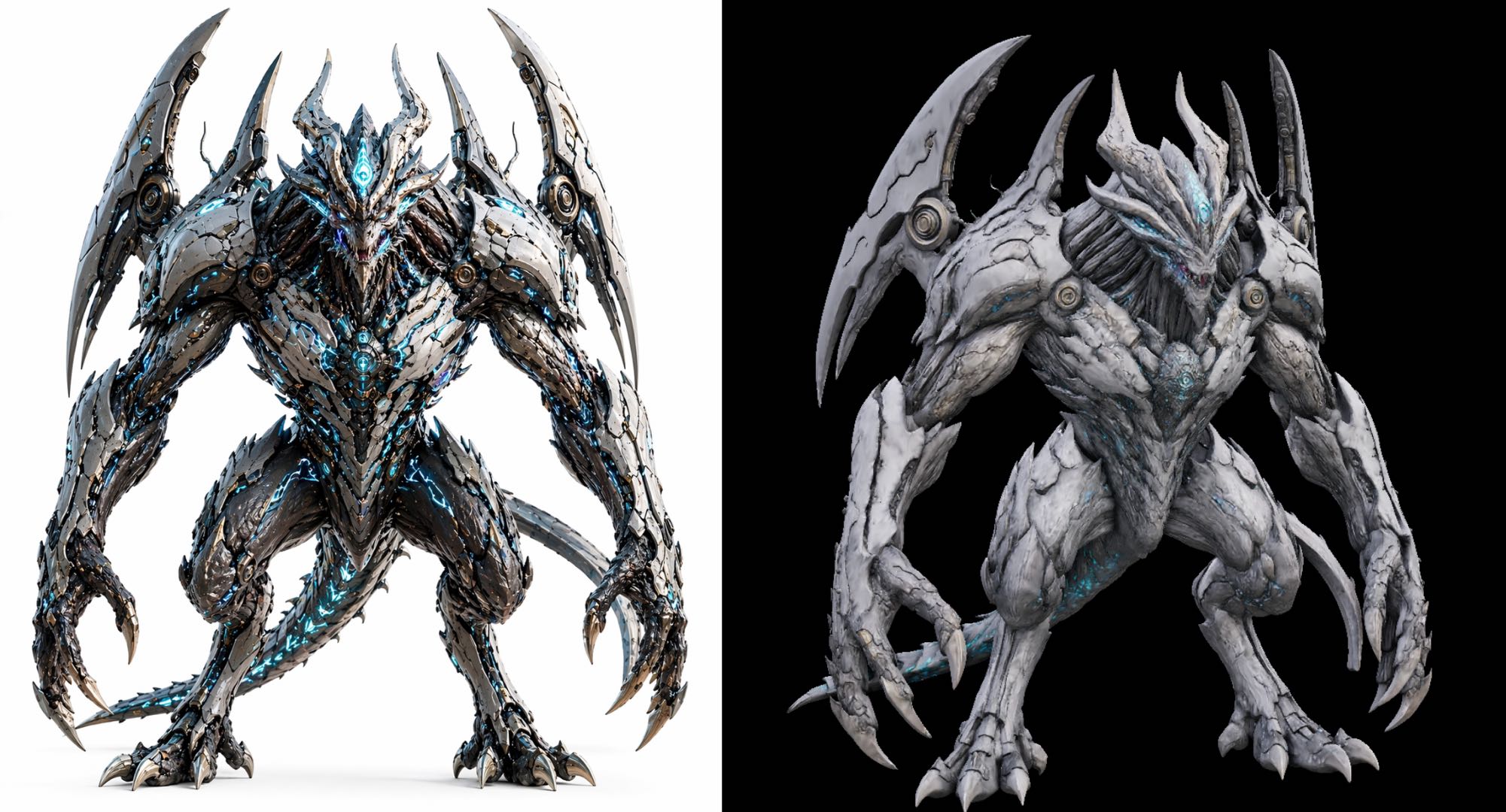 Cybernetic mechanical dragon monster, sci-fi 3D model, glowing blue energy, stone texture variant
