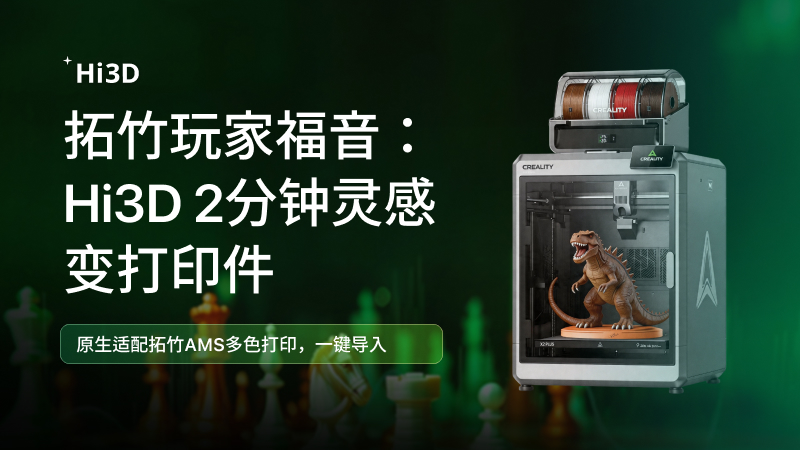Hi3D为拓竹3D打印机生成可打印3D模型的工作流示意，从2D图片到多色3D打印成品