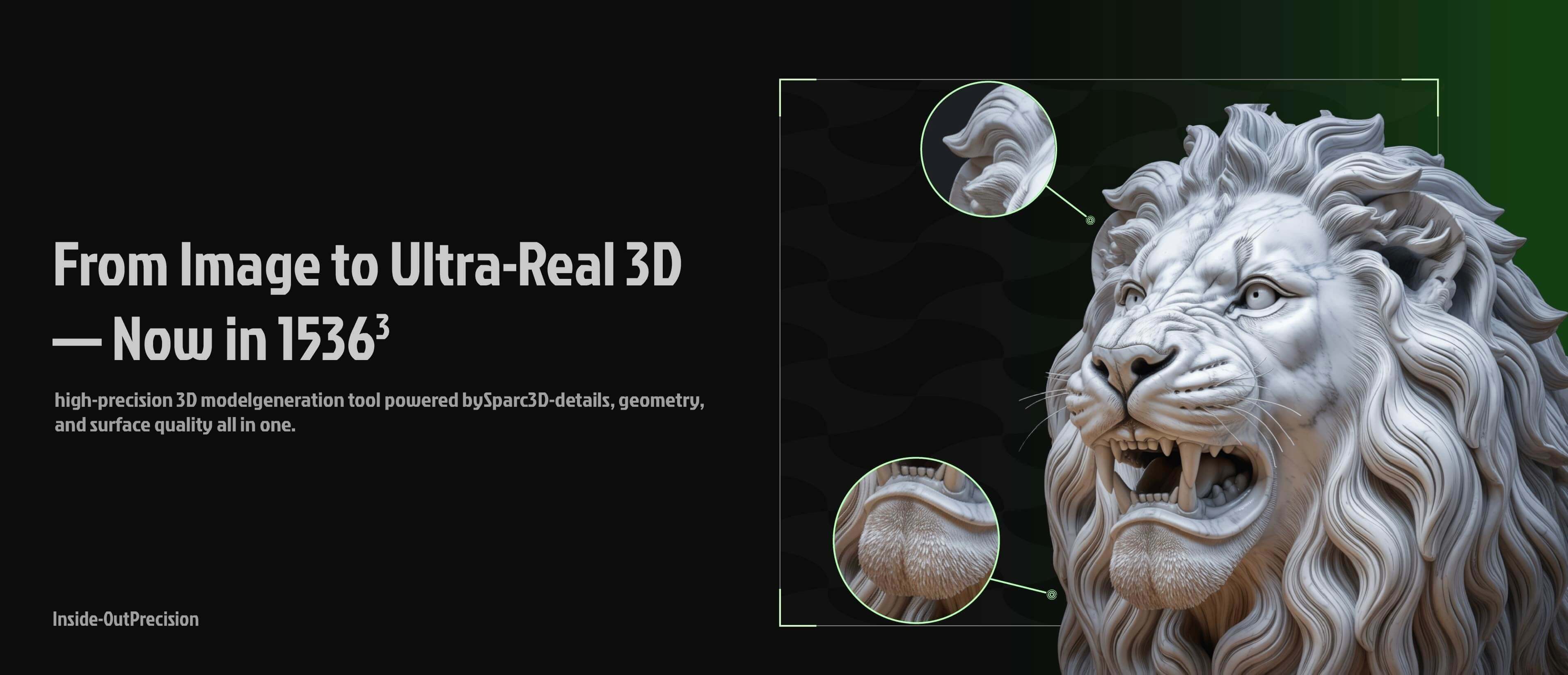 Ultra-high-resolution 1536³ AI-generated 3D lion model by Hitem3D showing detailed geometry and surface precision