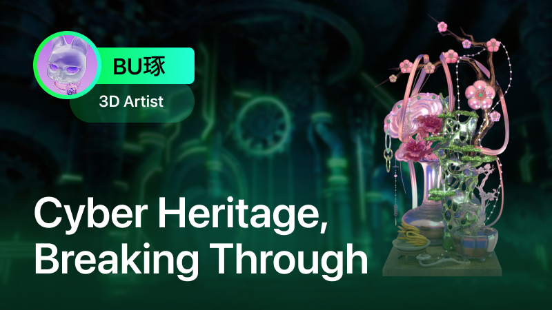 BU Zhu's Neo-Chinese Cyberpunk 3D artwork — overlapping Buddha statues and ancient architecture sliced by golden light, created with Hi3D and Blender