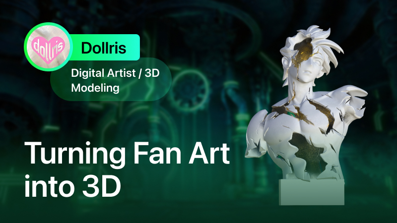 Dollris holding a painted 3D printed figure created with Hi3D — an AI-powered image-to-3D tool that turned a week-long character modeling process into a one-day workflow