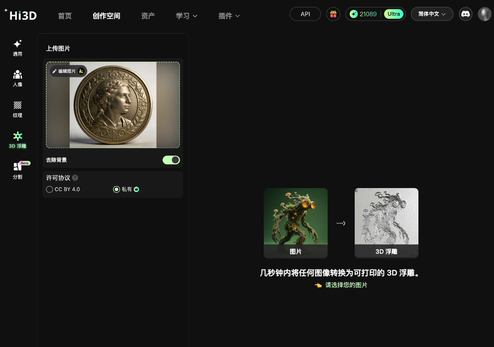 Hi3D 中文界面3D浮雕工具，上传硬币肖像图片一键生成可打印3D模型，AI图片转浮雕操作界面