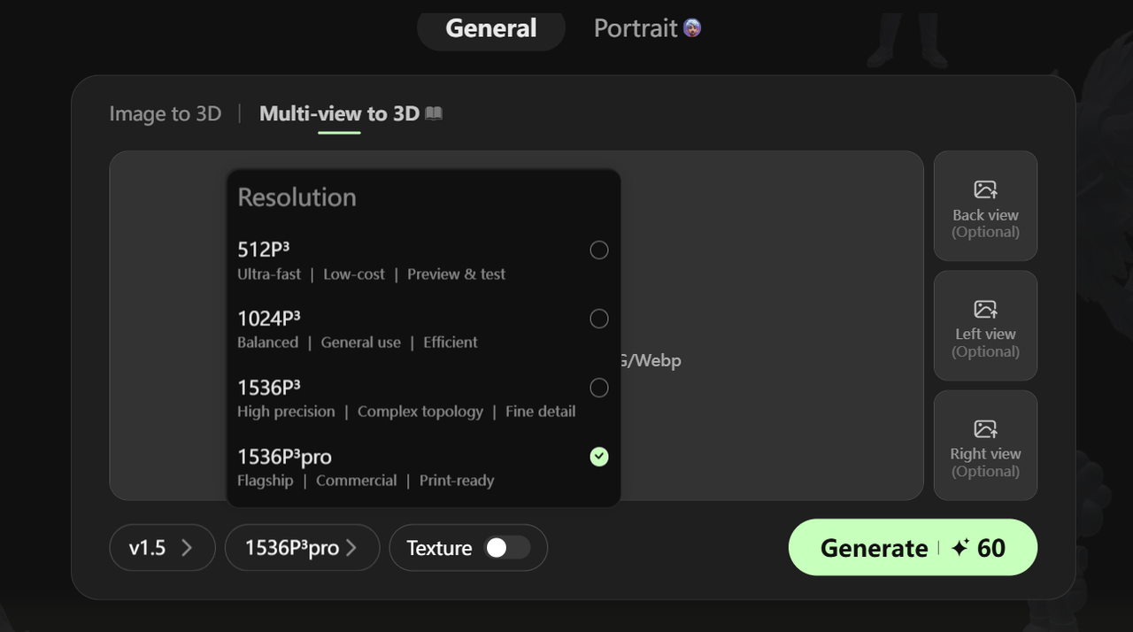 Resolution options for multi-view to 3D in Hitem3D showing 512³, 1024³, 1536³, and 1536³ Pro for different speed, quality, and print-ready needs