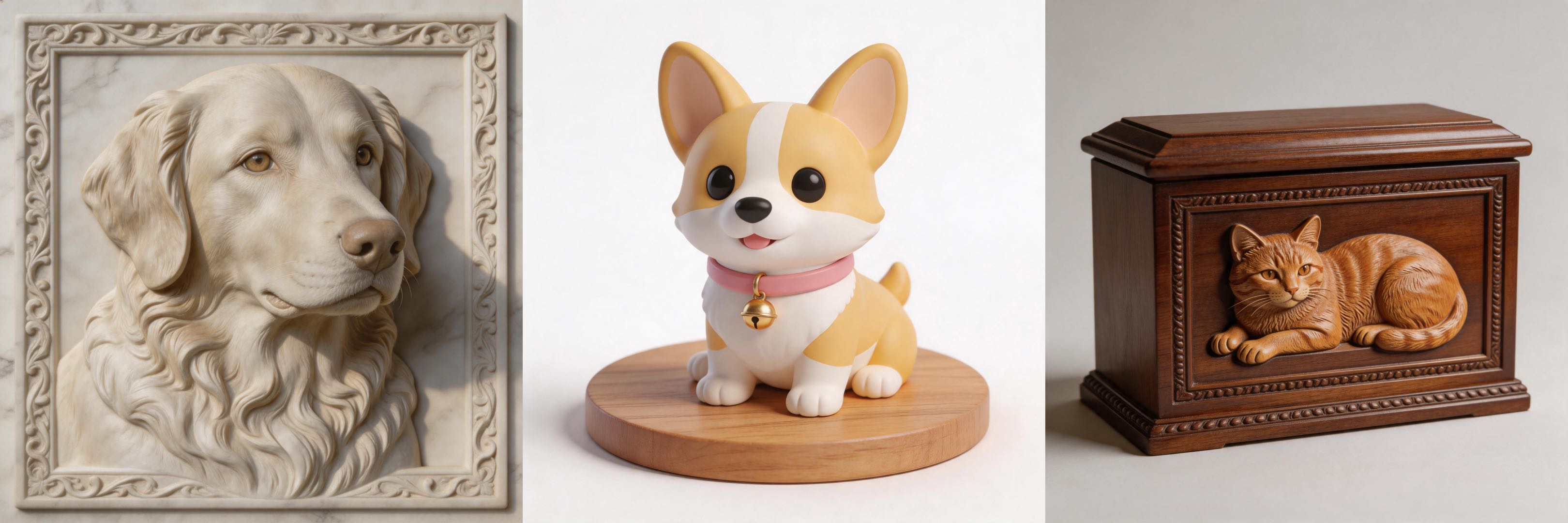 宠物主题3D浮雕与模型合集：金毛犬大理石浮雕、柯基Q版手办、猫咪浮雕木盒，AI生成的宠物纪念3D打印作品