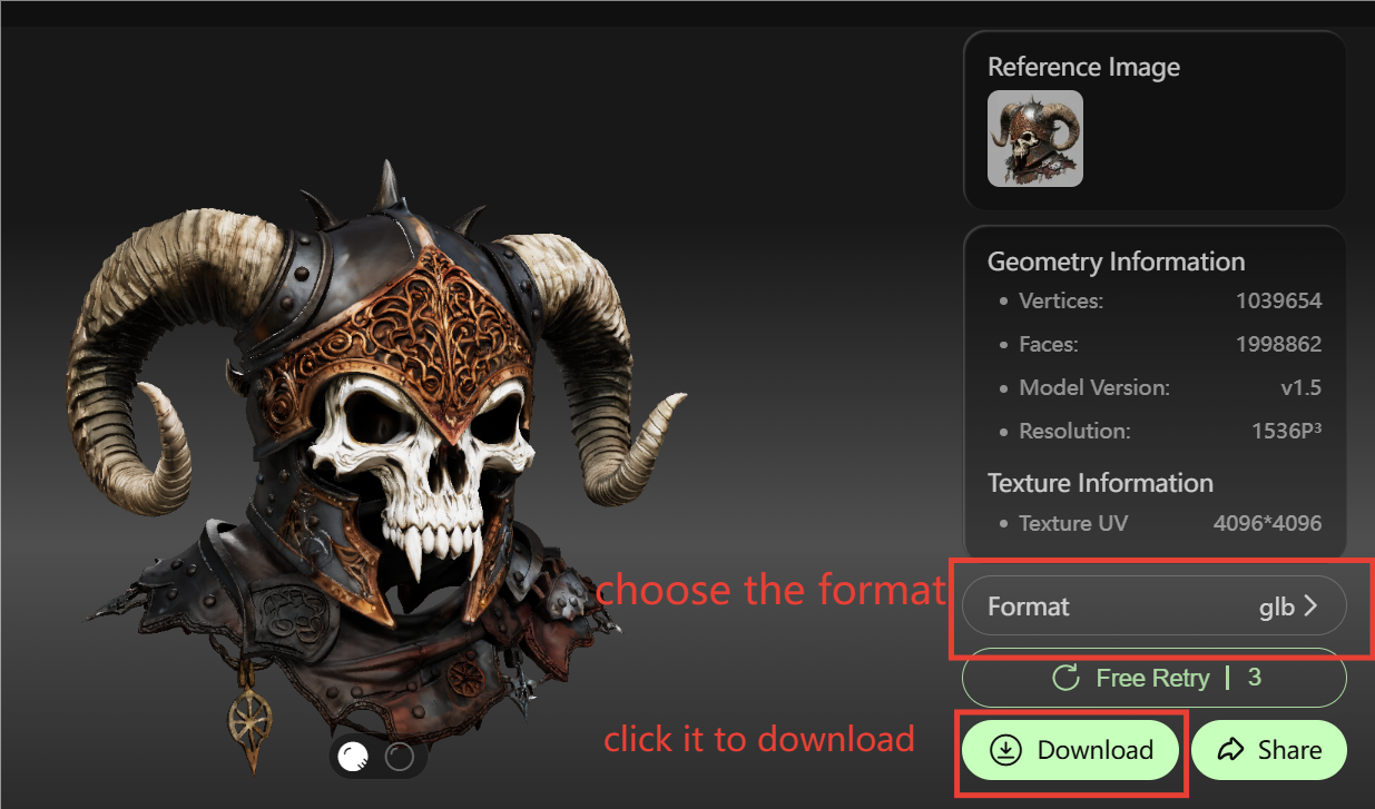 Hitem3D AI generated horned skull demon helmet 3D model with high detail geometry and texture, ready for download in glb obj stl and fbx formats