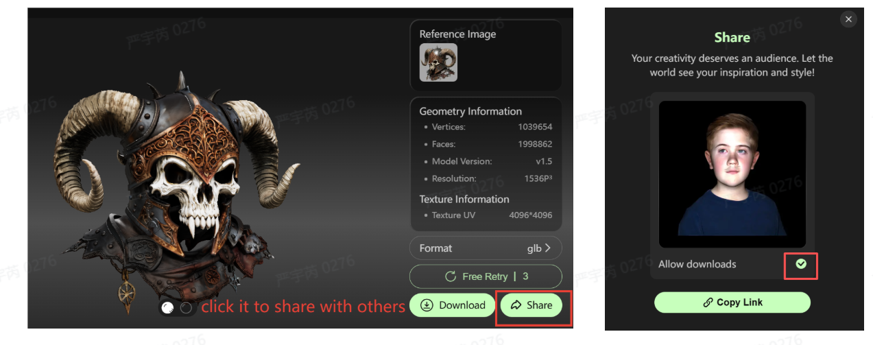 Hitem3D AI generated horned skull demon helmet 3D model being shared and downloaded as a production ready asset